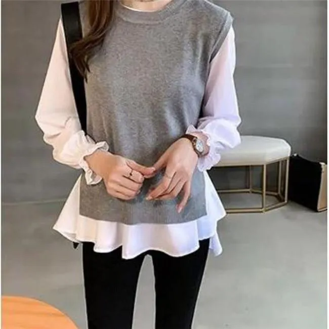 Women Knitting Vest and Long Sleeves Shirts Sets