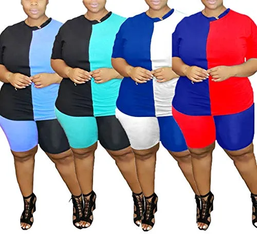 Women Plus Size 2 Piece Sports Outfits Shorts Set - Sexy Tracksuit Shirt Bodycon Pants Joggers Sportswear Clubwear Red 5XL