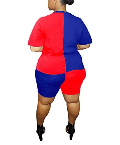 Women Plus Size 2 Piece Sports Outfits Shorts Set - Sexy Tracksuit Shirt Bodycon Pants Joggers Sportswear Clubwear Red 5XL