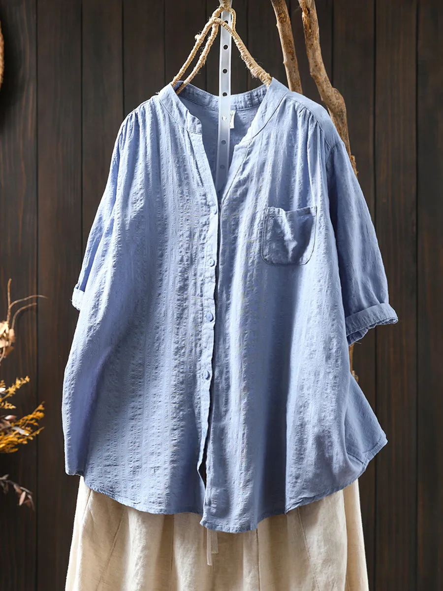 Women Summer Artsy Plaid V-Neck Cotton Shirt