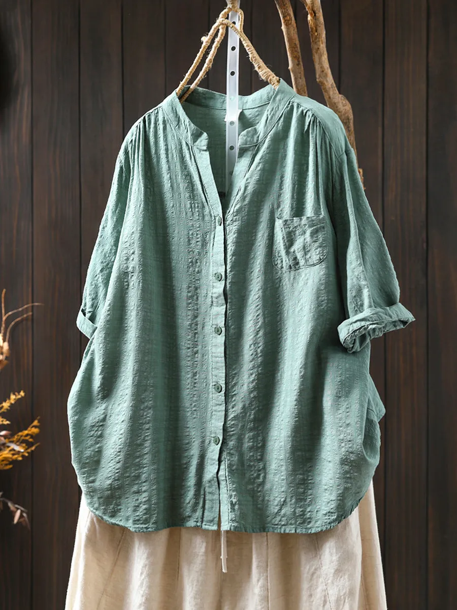 Women Summer Artsy Plaid V-Neck Cotton Shirt