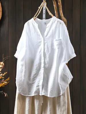 Women Summer Artsy Plaid V-Neck Cotton Shirt