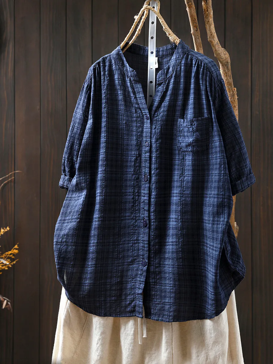 Women Summer Artsy Plaid V-Neck Cotton Shirt