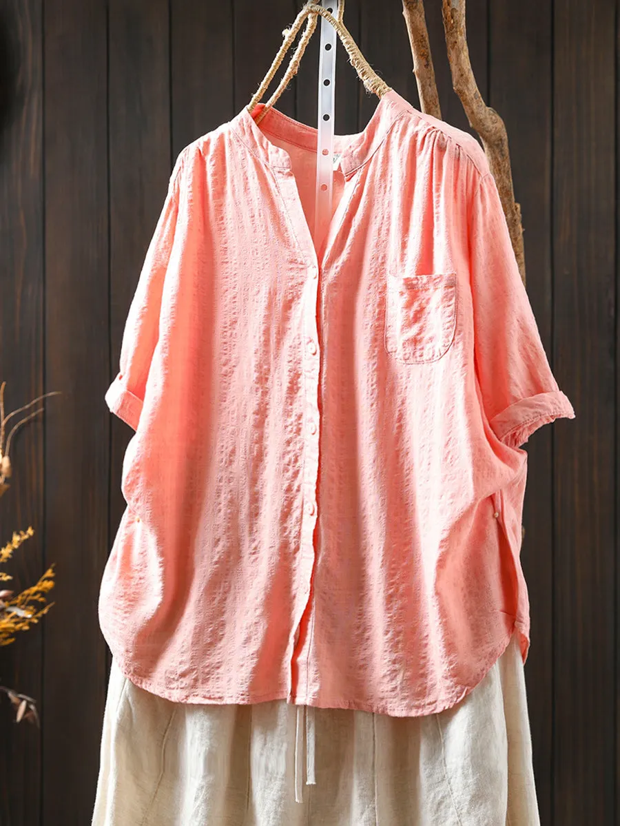 Women Summer Artsy Plaid V-Neck Cotton Shirt