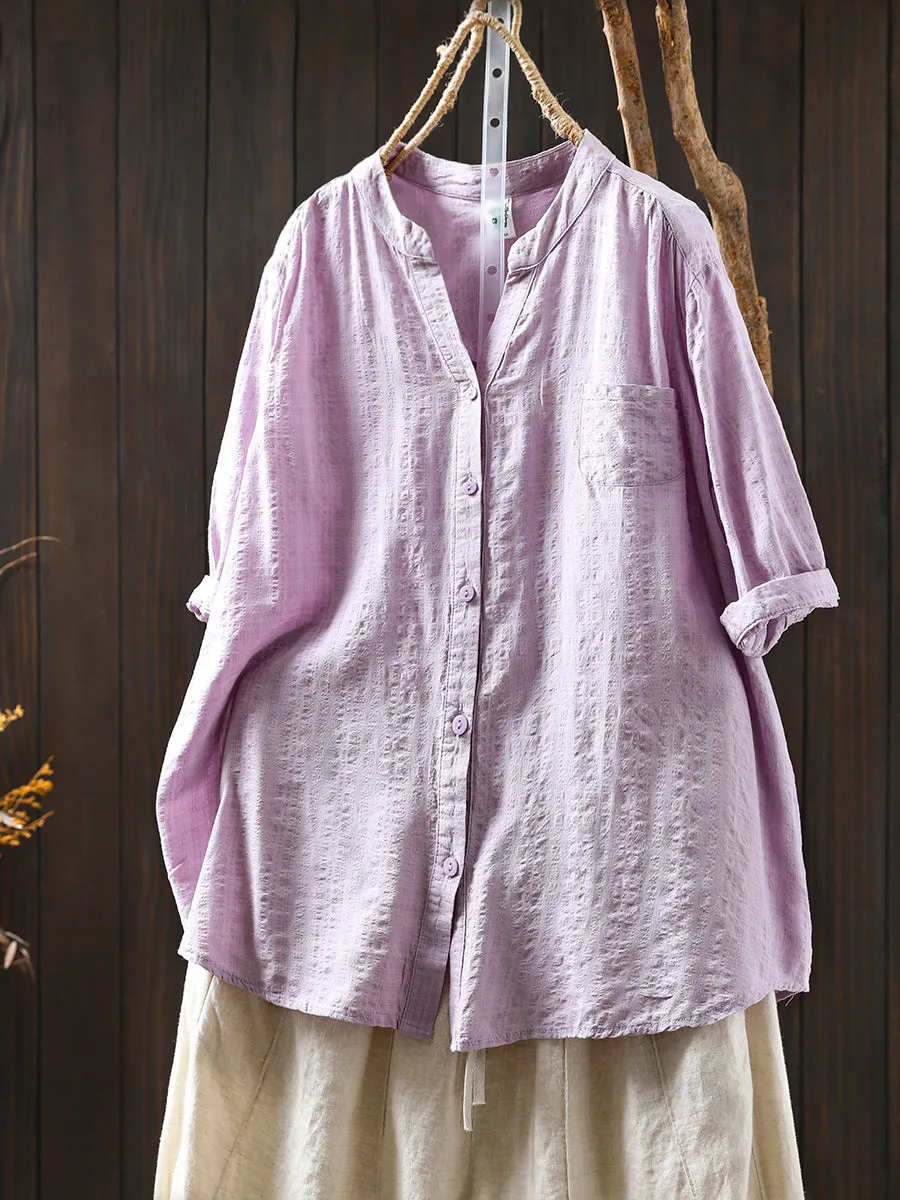 Women Summer Artsy Plaid V-Neck Cotton Shirt