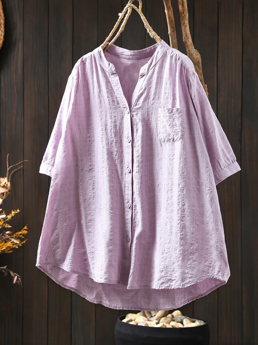 Women Summer Artsy Plaid V-Neck Cotton Shirt
