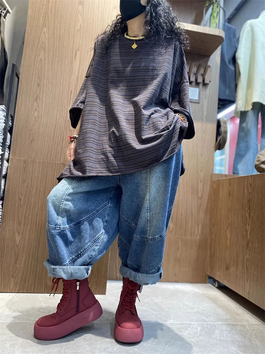 Women Summer Cotton O-Neck Stripe Shirt