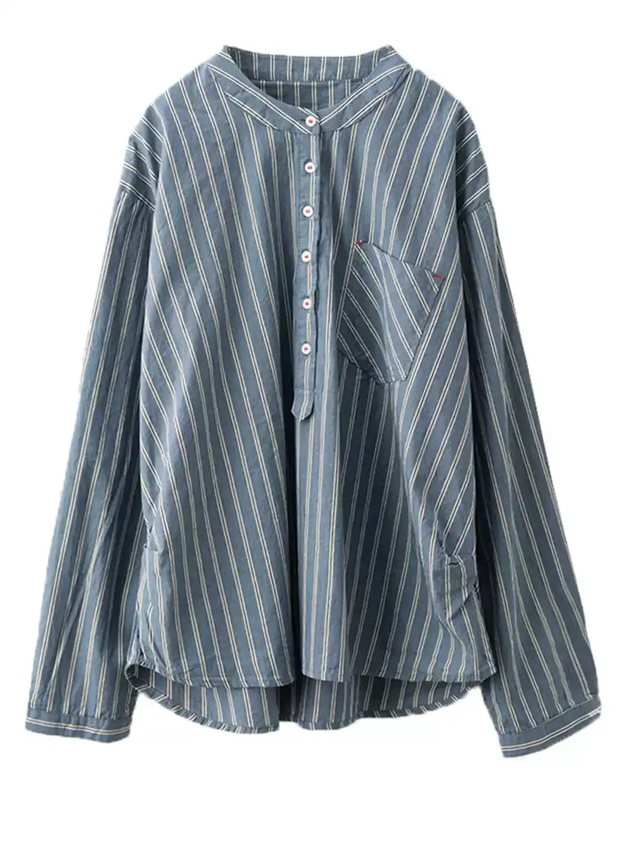 Women Vintage Spring Stripe Cotton V-Neck Shirt