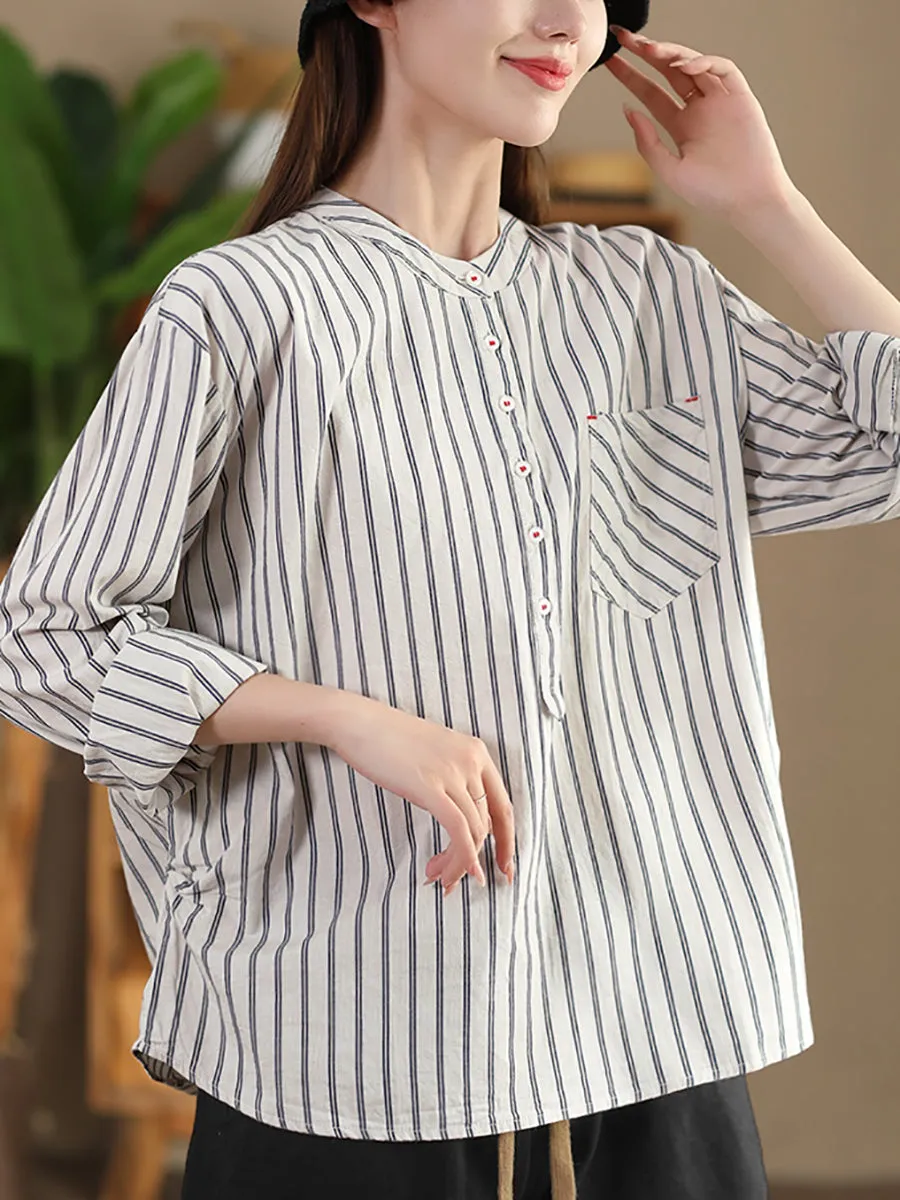 Women Vintage Spring Stripe Cotton V-Neck Shirt