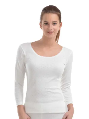 Women White Solid Thermal Top-L/3/4/SLEEVE-WH