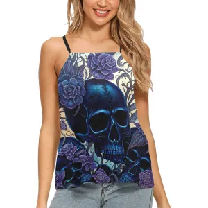 Women's Blue Skull Floral Loose Spaghetti Strap Tank Top