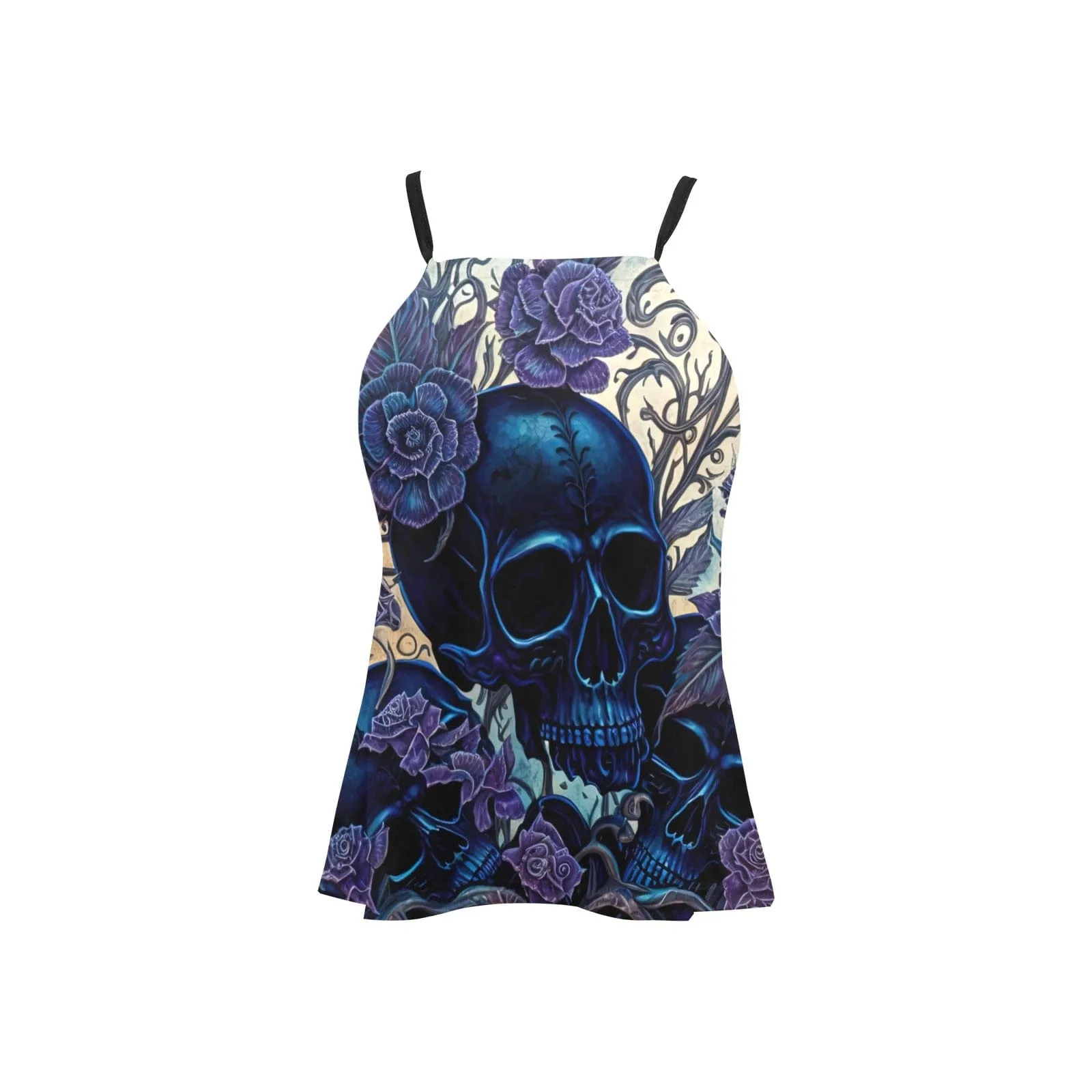 Women's Blue Skull Floral Loose Spaghetti Strap Tank Top