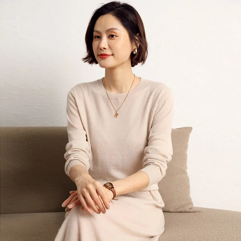 Womens Elegant Crewneck Cashmere Sweater Long Sleeves Sweaters