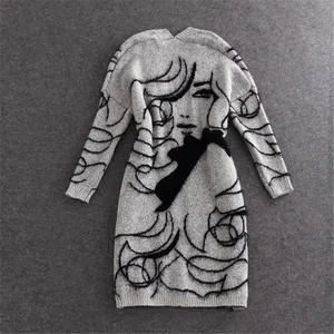 Women's Head Embroidery Long Section Knitted Sweater Cardigan