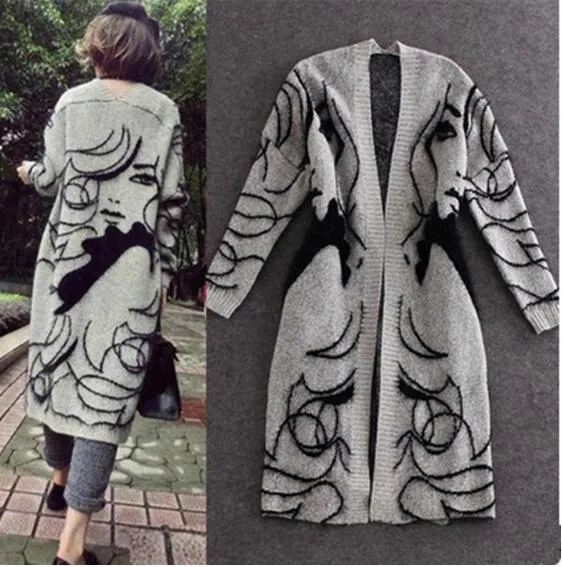 Women's Head Embroidery Long Section Knitted Sweater Cardigan