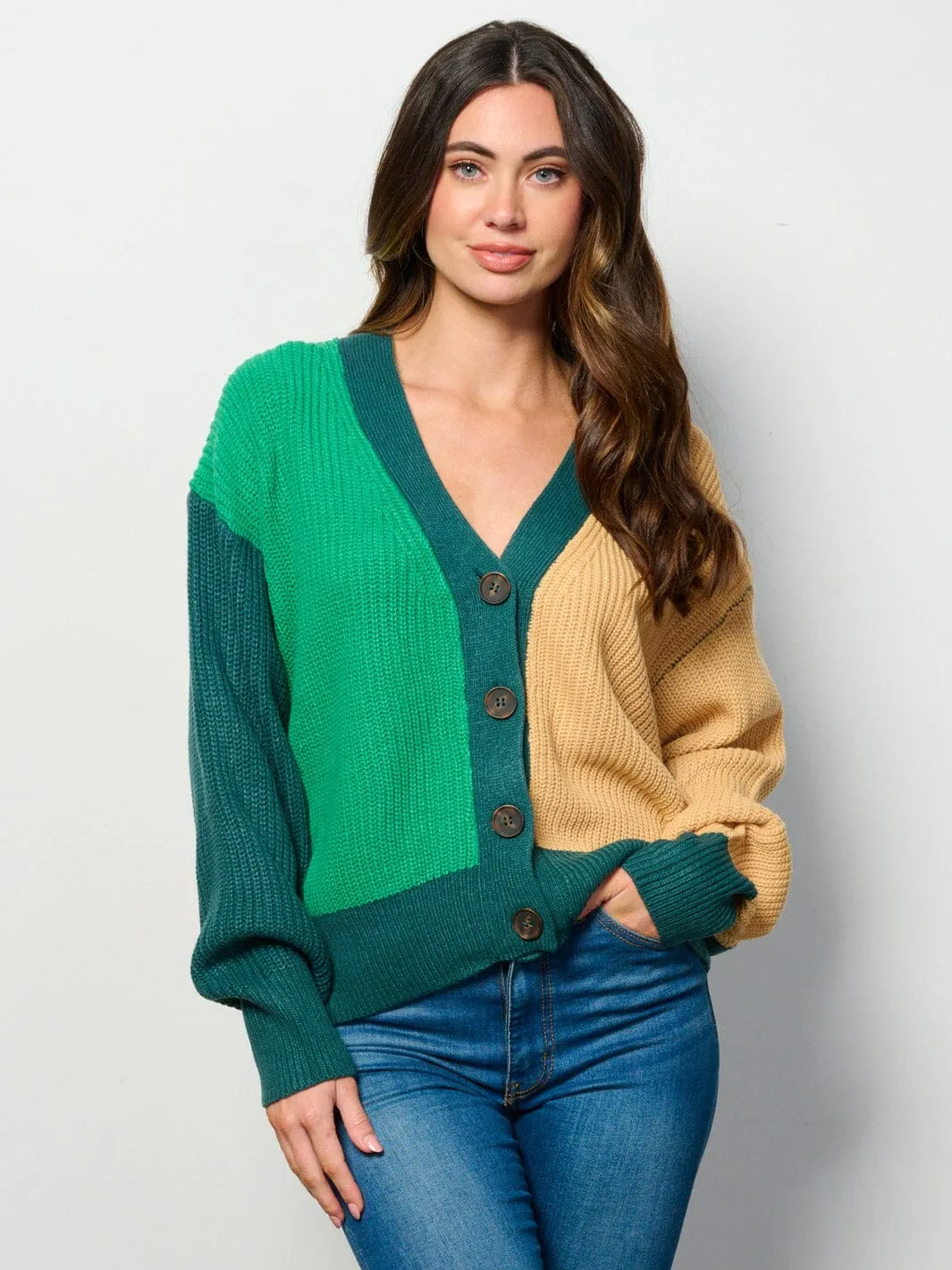 WOMEN'S LONG SLEEVE BUTTON UP COLORBLOCK CARDIGAN SWEATER