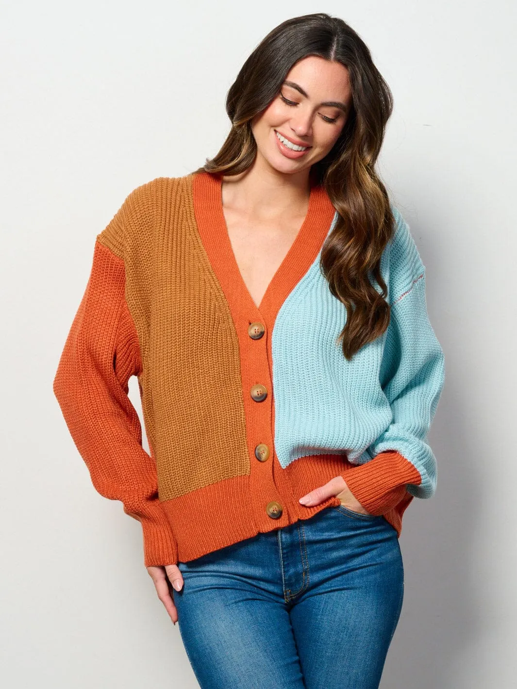 WOMEN'S LONG SLEEVE BUTTON UP COLORBLOCK CARDIGAN SWEATER