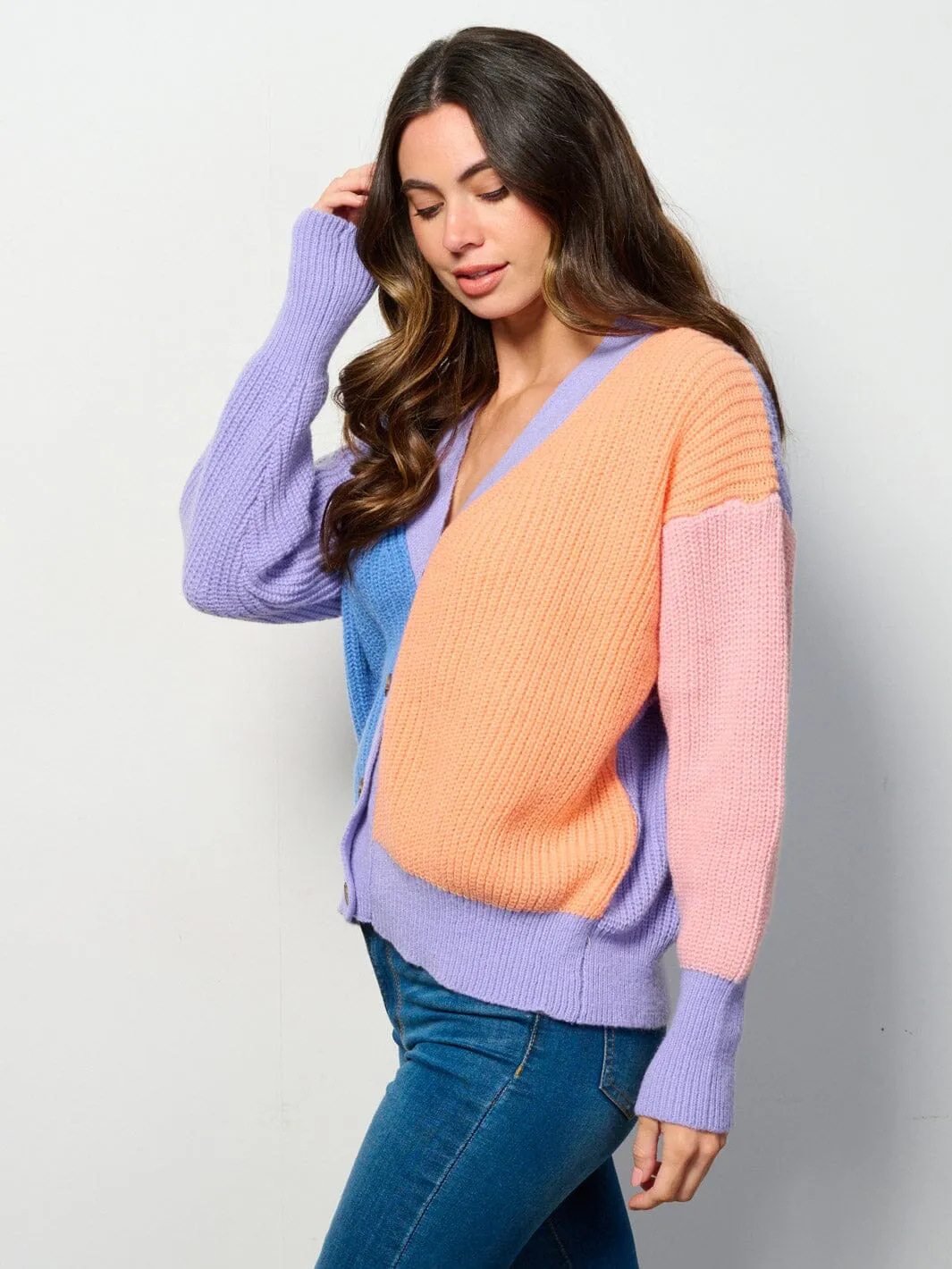 WOMEN'S LONG SLEEVE BUTTON UP COLORBLOCK CARDIGAN SWEATER