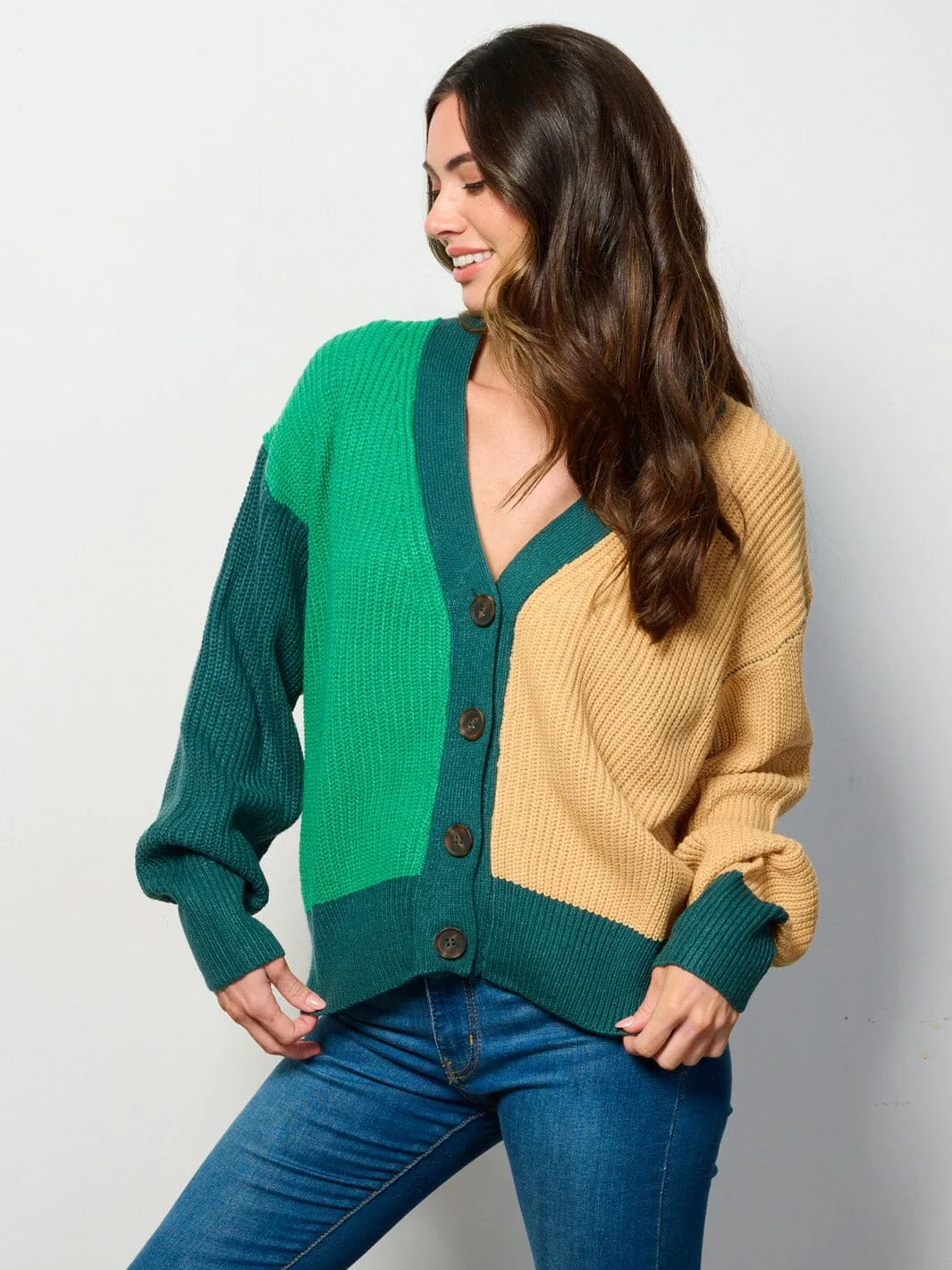 WOMEN'S LONG SLEEVE BUTTON UP COLORBLOCK CARDIGAN SWEATER