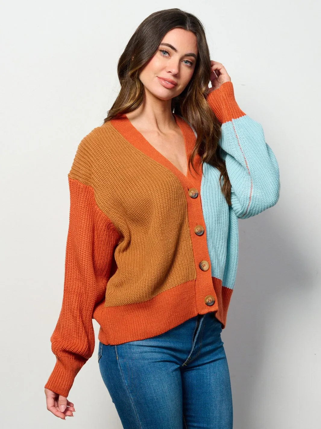 WOMEN'S LONG SLEEVE BUTTON UP COLORBLOCK CARDIGAN SWEATER