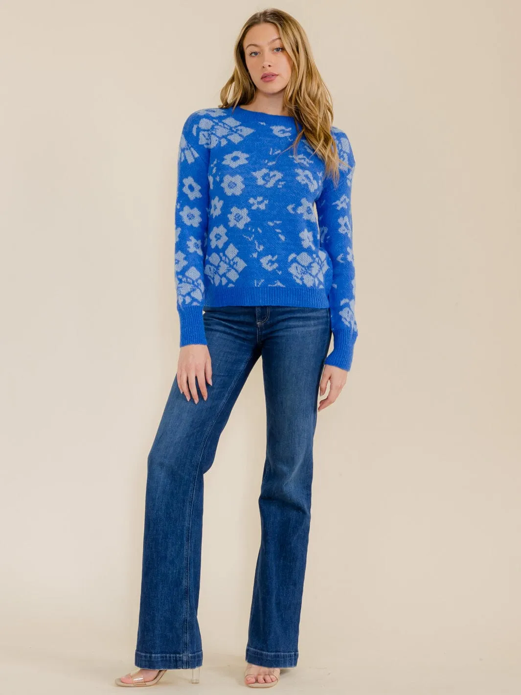 WOMEN'S LONG SLEEVE COLORBLOCK FLORAL PULLOVER SWEATER