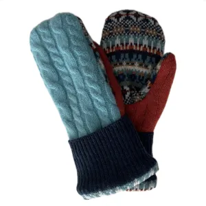 Women's Mittens - Baby Blue with Navy & Orange Aztec Pattern - 1564 M/L