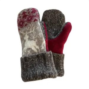 Women's Mittens - Browns & Maroon Nordic with reindeer - 1536 M/L