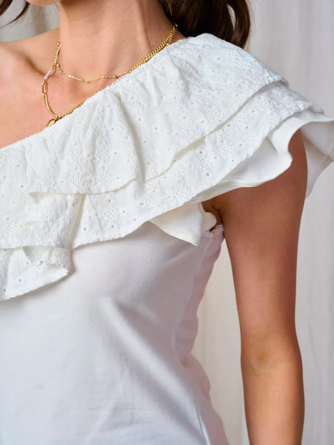 WOMEN'S ONE SHOULDER RUFFLE EYELET TOP