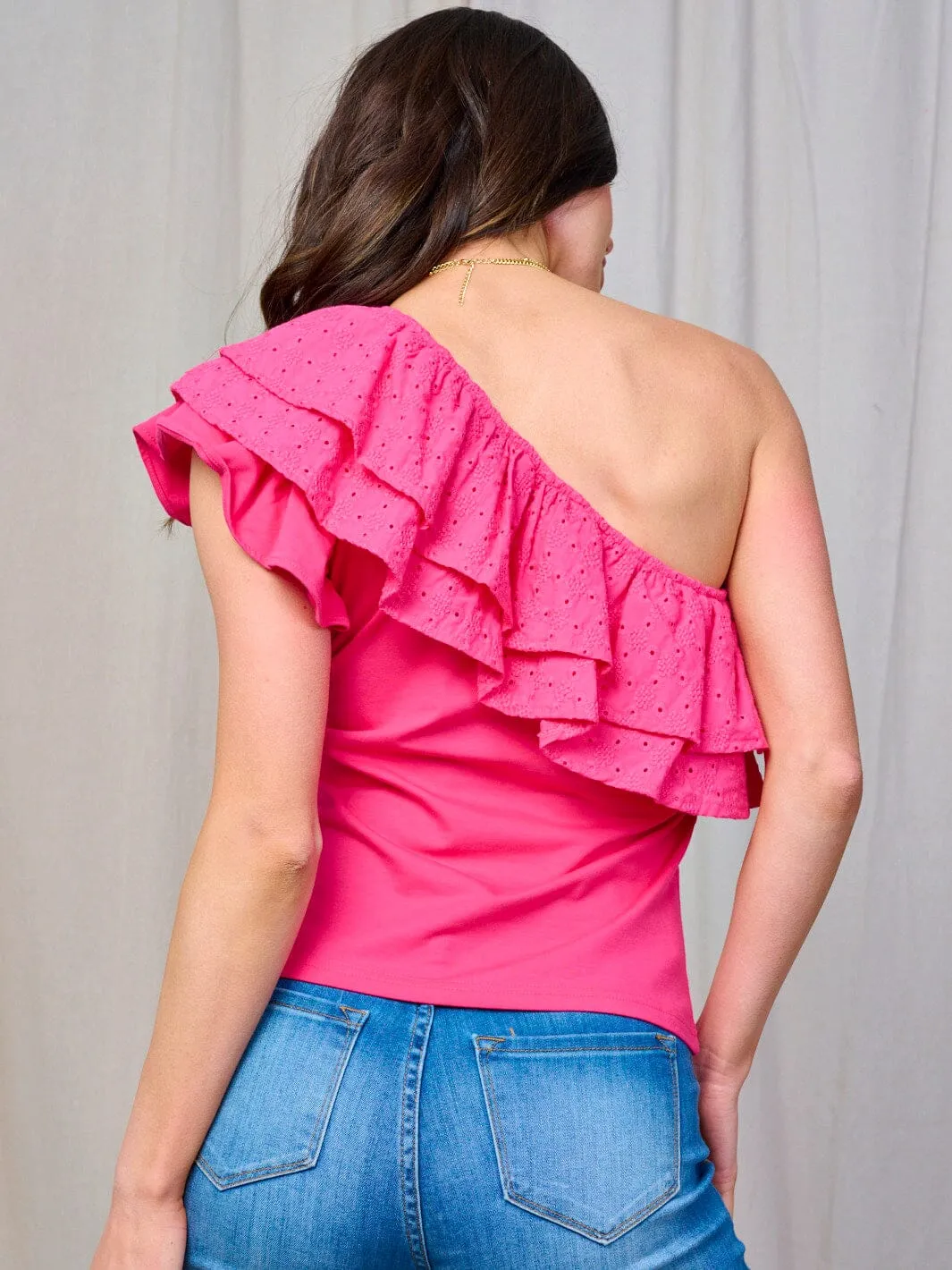 WOMEN'S ONE SHOULDER RUFFLE EYELET TOP