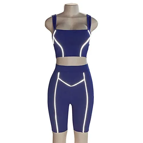 Womens Sexy Reflective 2 Piece Outfits - Bodycon Sleeveless Vest Crop Top  Short Pants Set Biker Tracksuit Jumpsuit