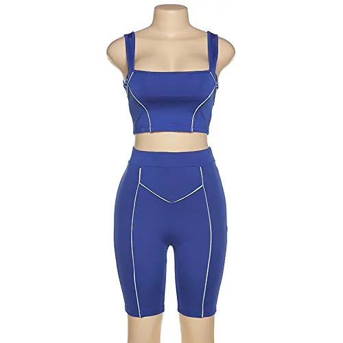 Womens Sexy Reflective 2 Piece Outfits - Bodycon Sleeveless Vest Crop Top  Short Pants Set Biker Tracksuit Jumpsuit