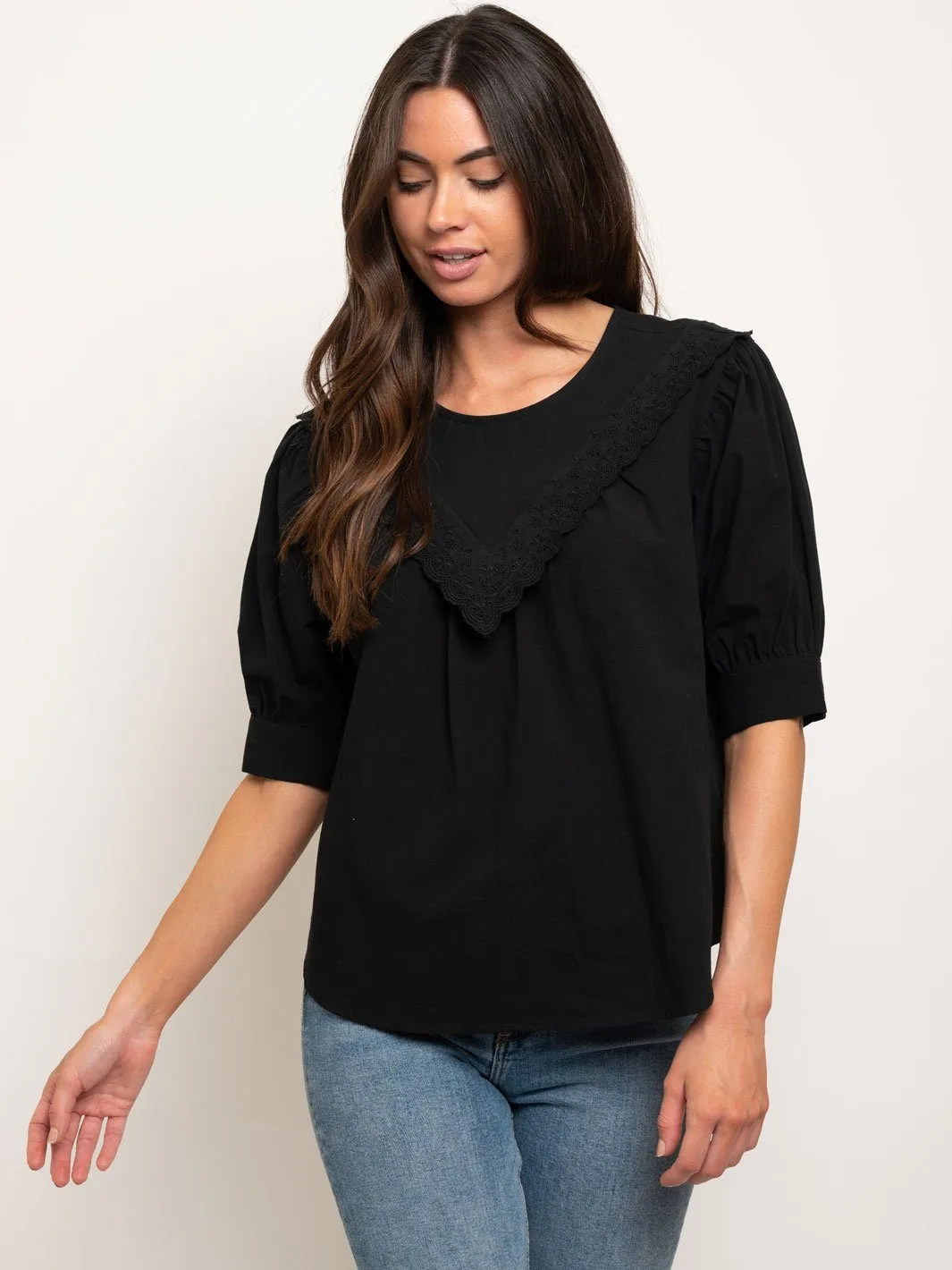 WOMEN'S SHORT SLEEVE COTTON EYELET TOP