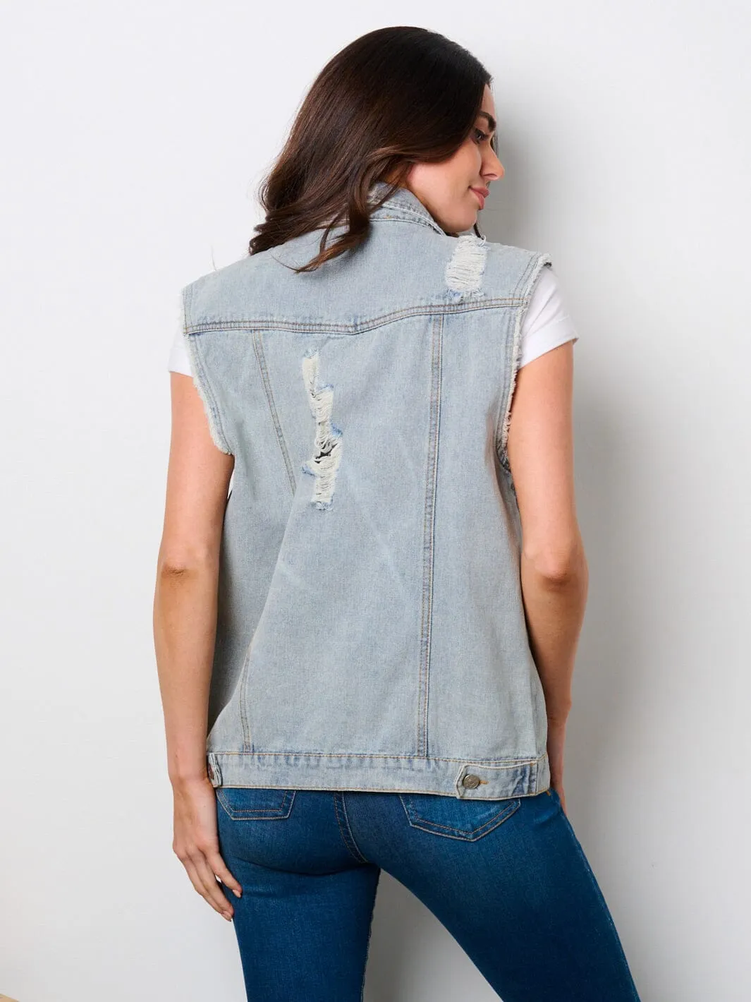 WOMEN'S SLEEVELESS BUTTON UP DISTRESSED DENIM VEST
