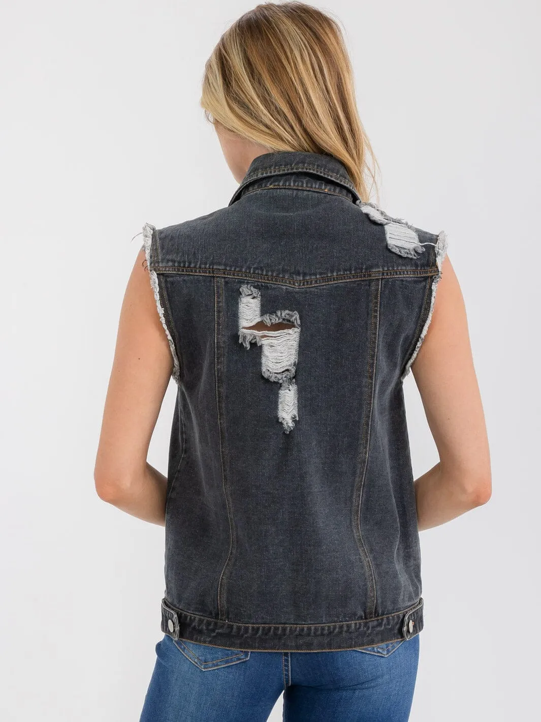 WOMEN'S SLEEVELESS BUTTON UP DISTRESSED DENIM VEST