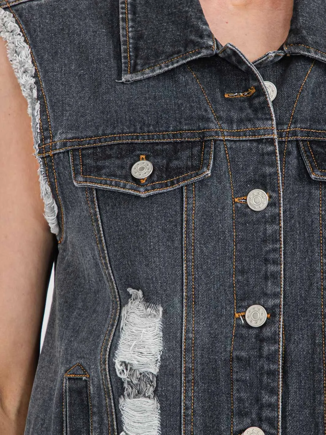 WOMEN'S SLEEVELESS BUTTON UP DISTRESSED DENIM VEST