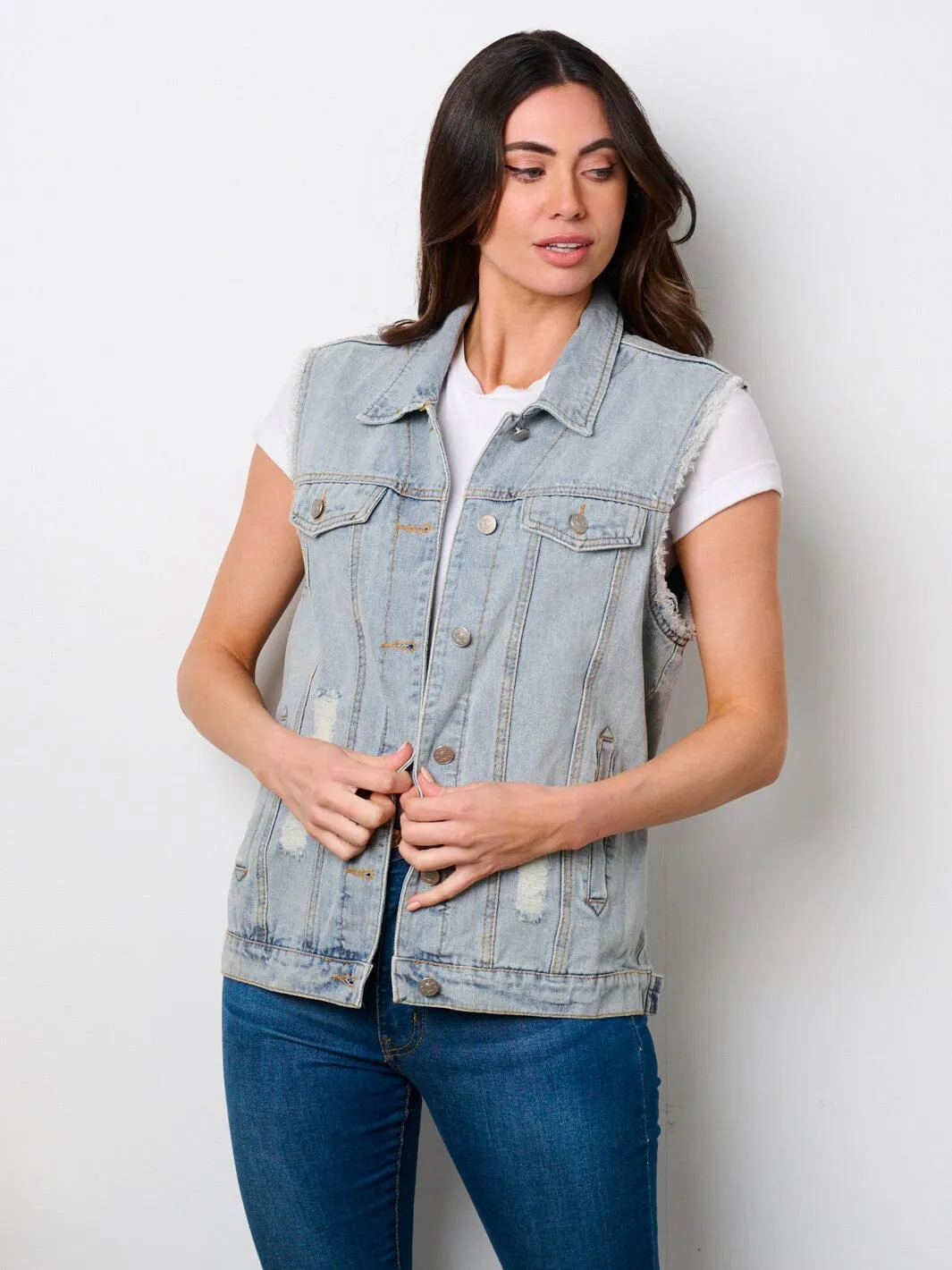 WOMEN'S SLEEVELESS BUTTON UP DISTRESSED DENIM VEST