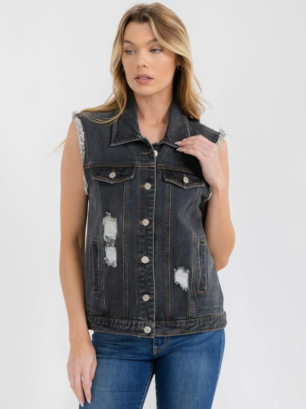 WOMEN'S SLEEVELESS BUTTON UP DISTRESSED DENIM VEST