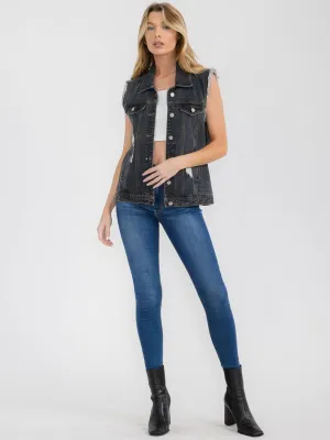WOMEN'S SLEEVELESS BUTTON UP DISTRESSED DENIM VEST