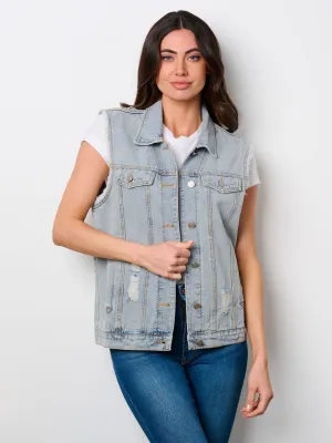 WOMEN'S SLEEVELESS BUTTON UP DISTRESSED DENIM VEST
