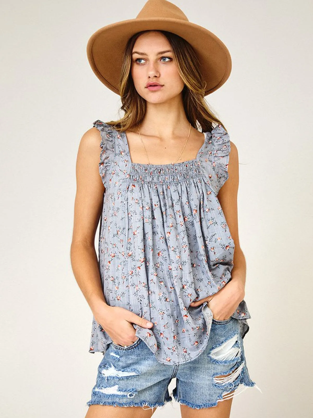 WOMEN'S SLEEVELESS FLORAL TUNIC TANK TOP