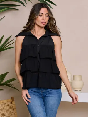 WOMEN'S SLEEVELESS TIERED BUTTON UP RUFFLE TOP