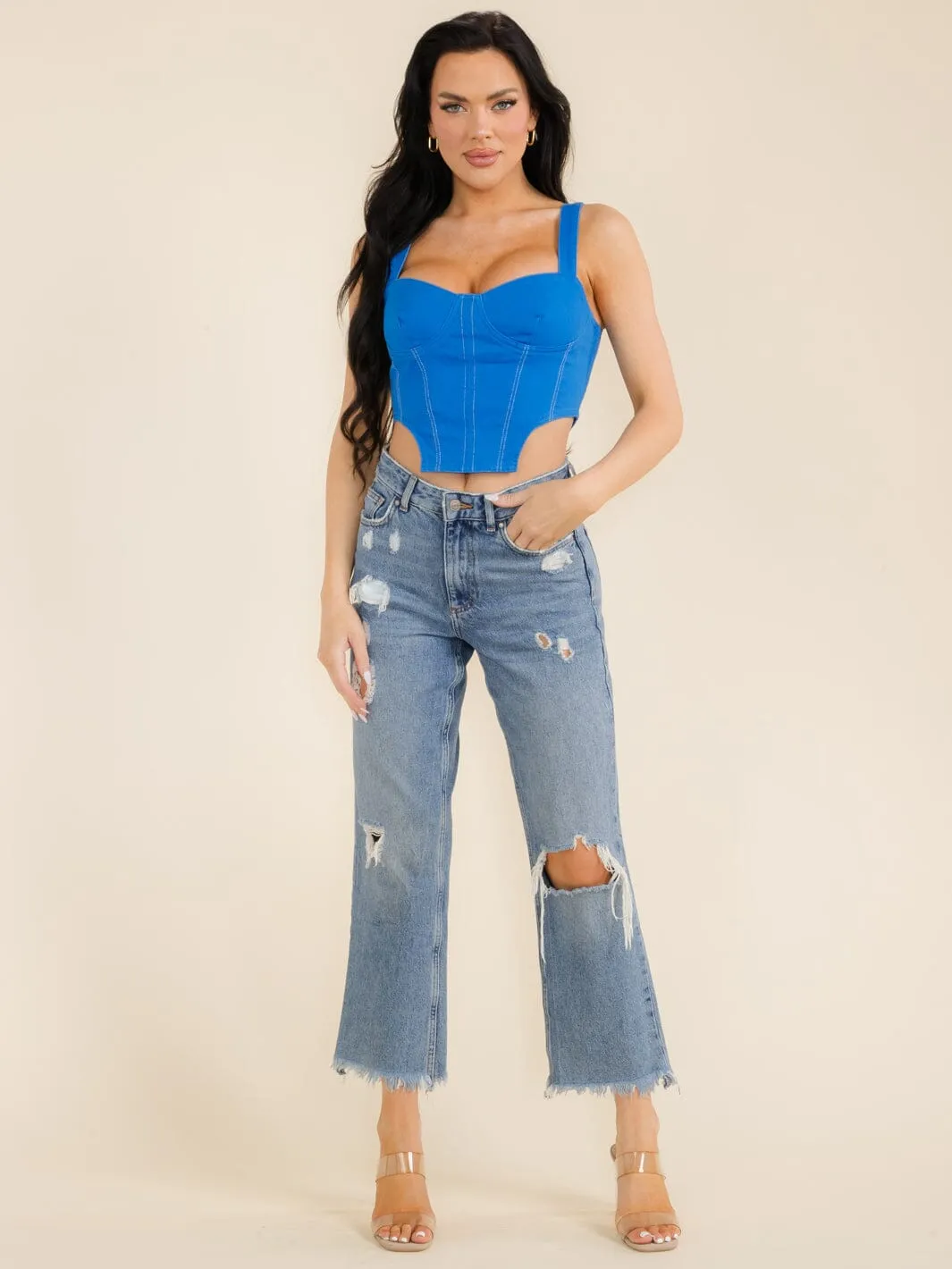 WOMEN'S SLEEVELESS ZIPPER CLOSURE DENIM CROP TOP