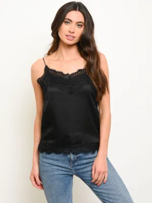WOMEN'S SOLID SATIN SPAHUETTI STRAP LACE TRIM TANK TOP