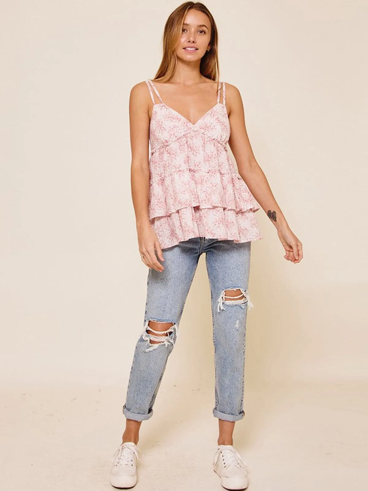 WOMEN'S V-NECK FLORAL TIERED RUFFLE TUNIC TANK TOP