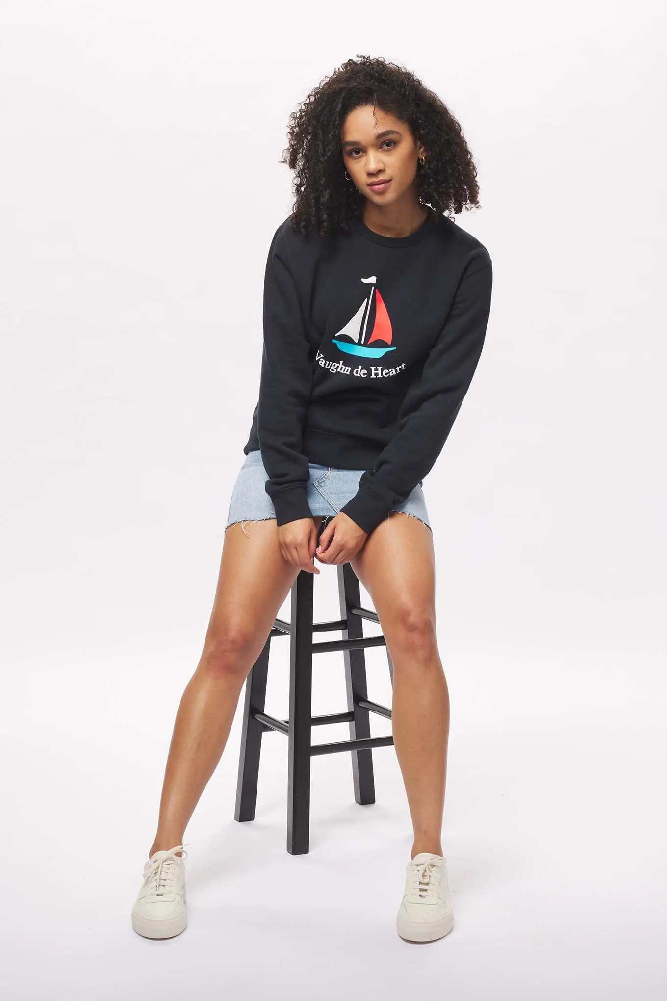 Women's - Voilier - Navy Blue Sailboat French Crew Neck Sweater