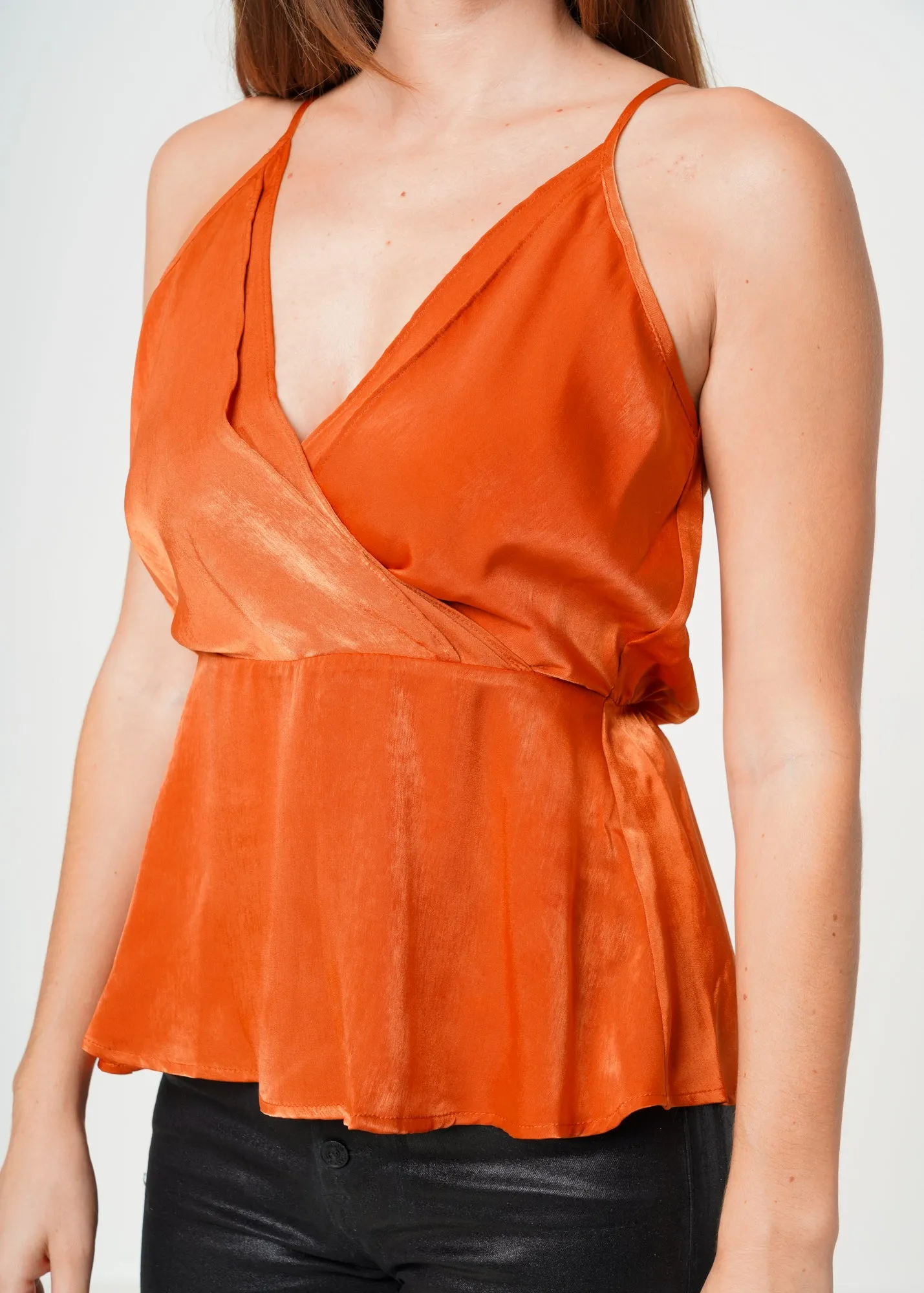 Women's Wrap Front Washed Satin Camisole In Pumpkin