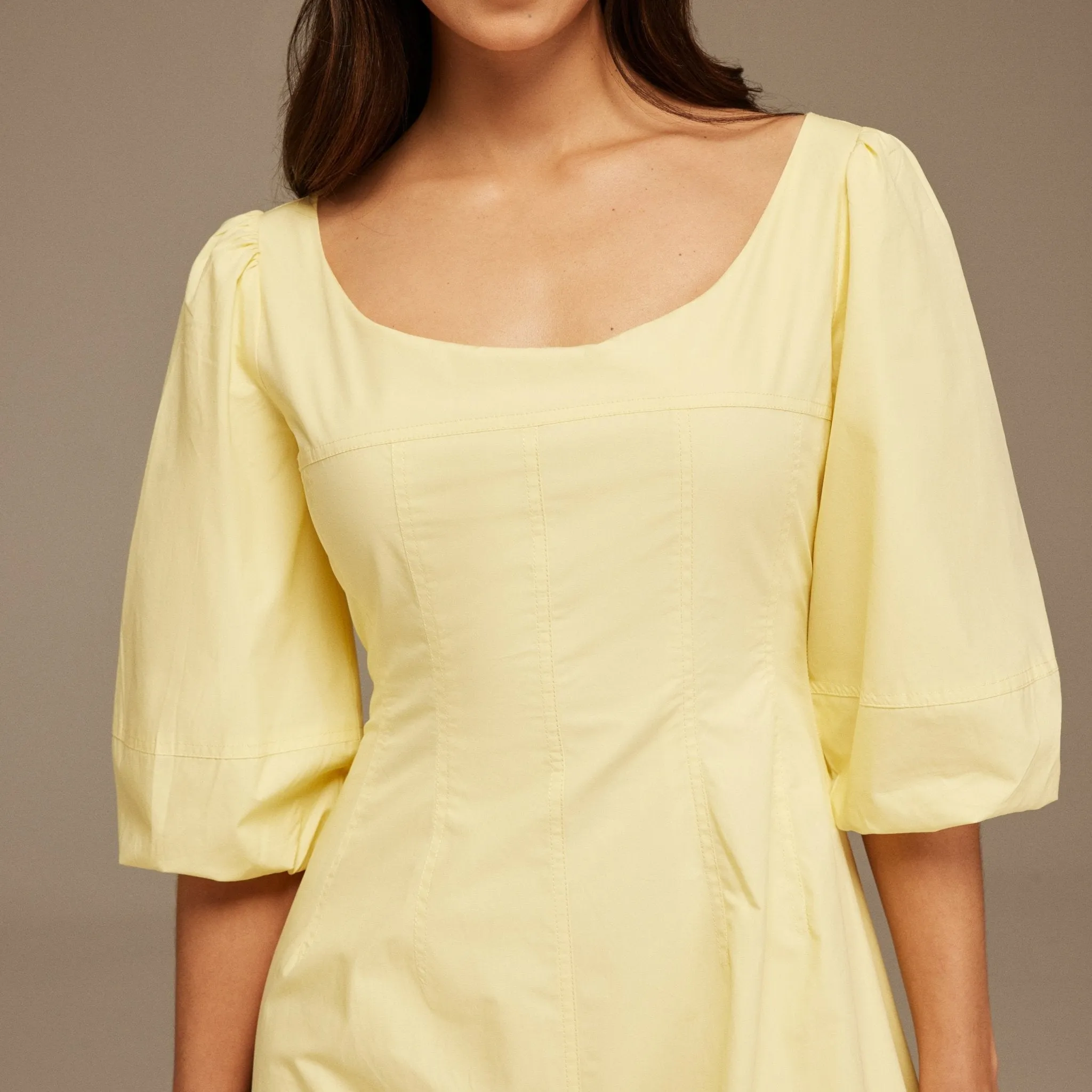 Yellow Puffed Sleeve Aline Poplin Dress
