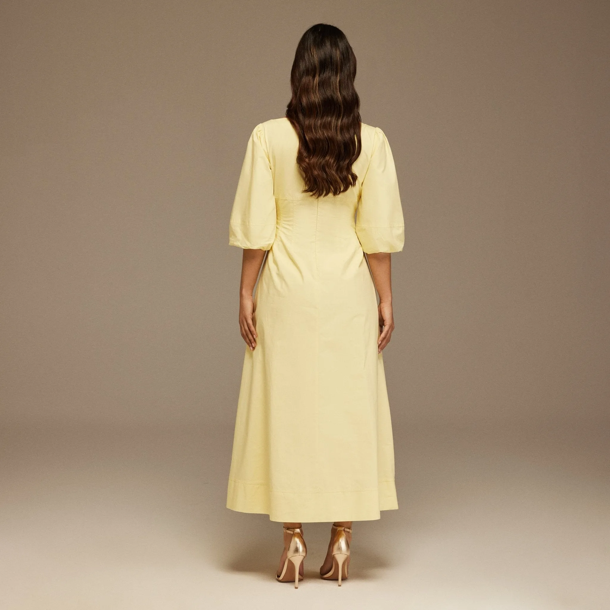 Yellow Puffed Sleeve Aline Poplin Dress