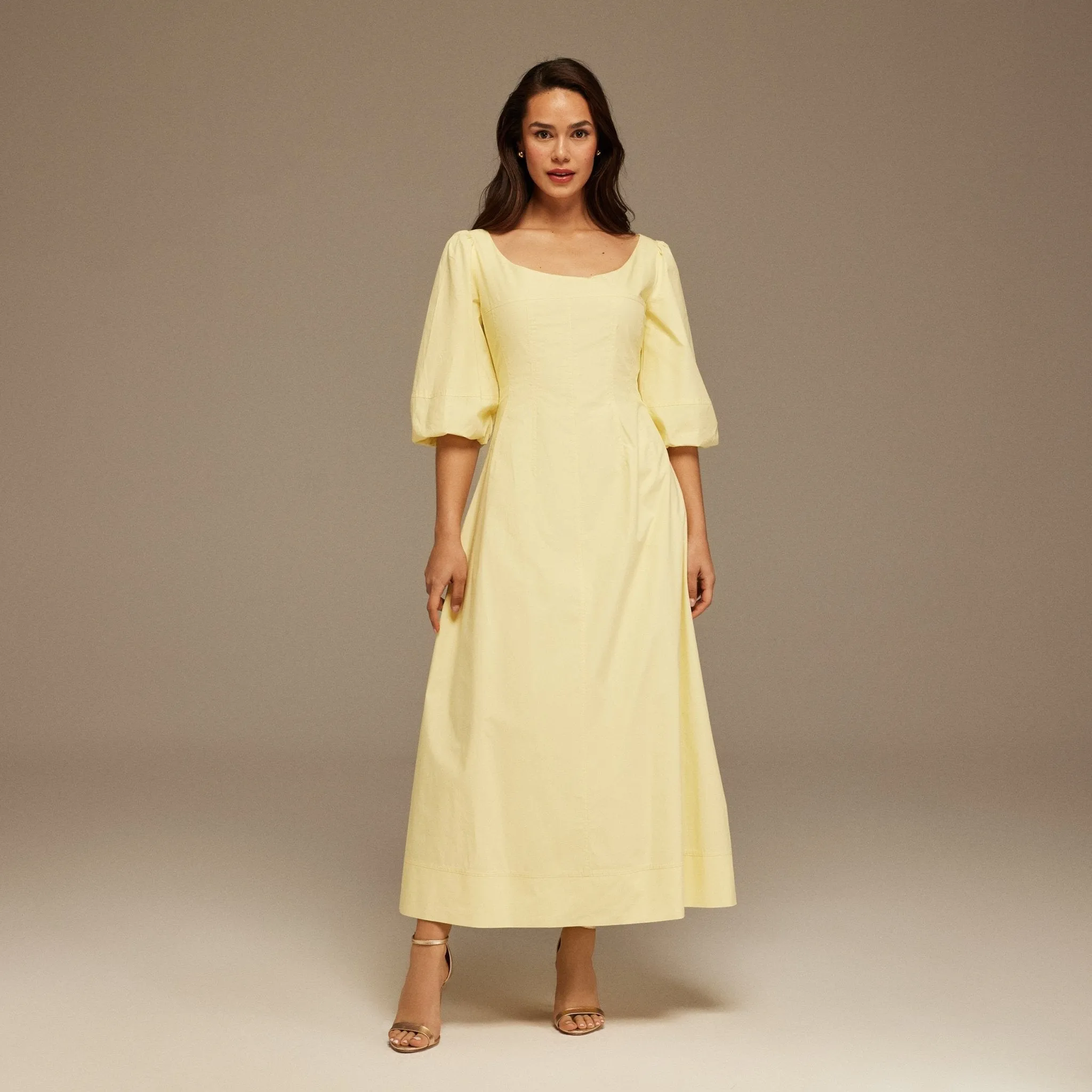Yellow Puffed Sleeve Aline Poplin Dress