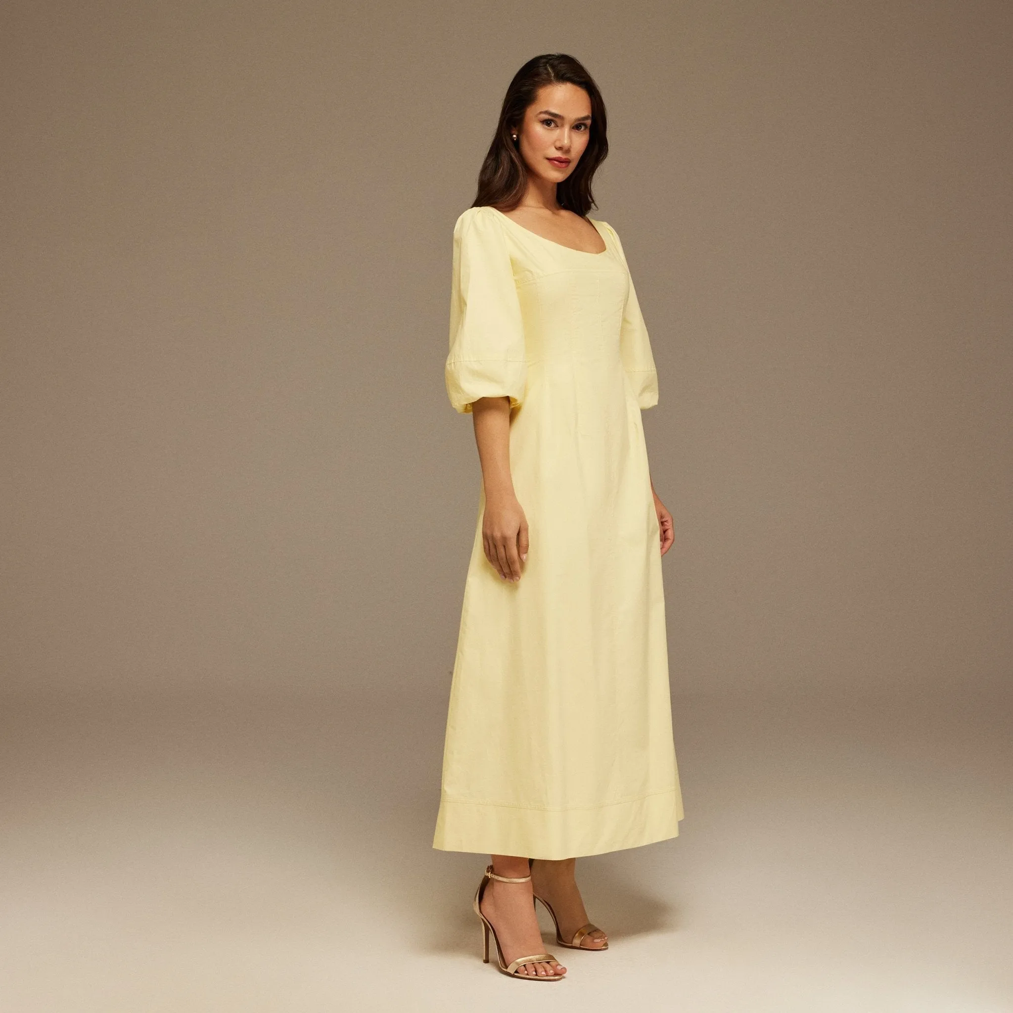 Yellow Puffed Sleeve Aline Poplin Dress